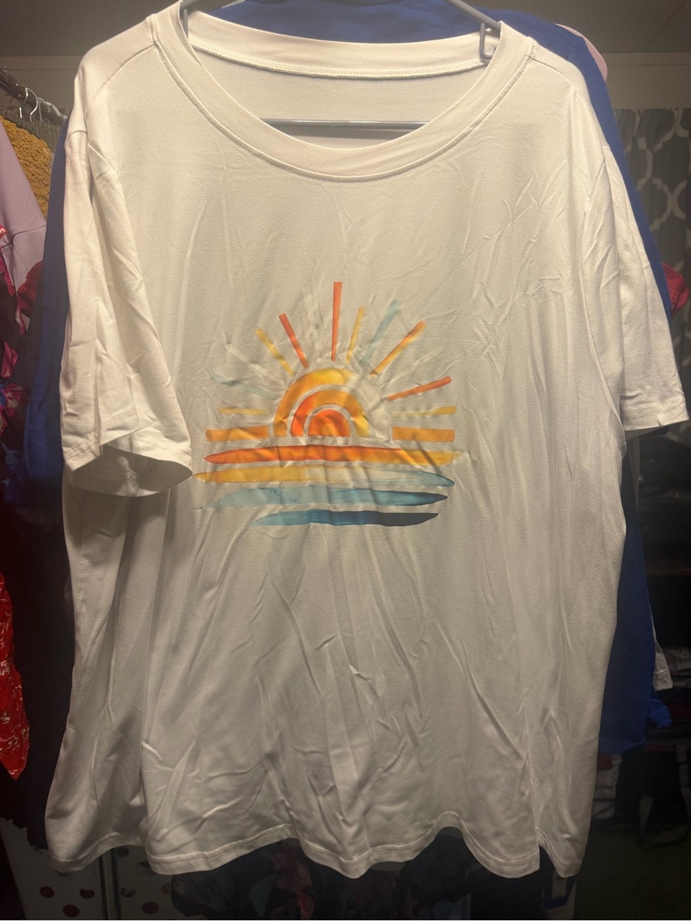 Women’s White Short Sleeve Graphic Tee with Sunrise Motif